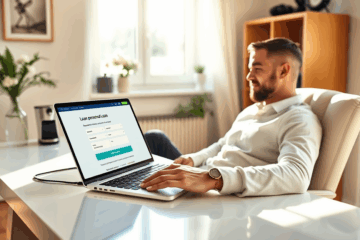 Uomo sorridente usa il laptop per richiedere un prestito personale online senza uscire di casa.