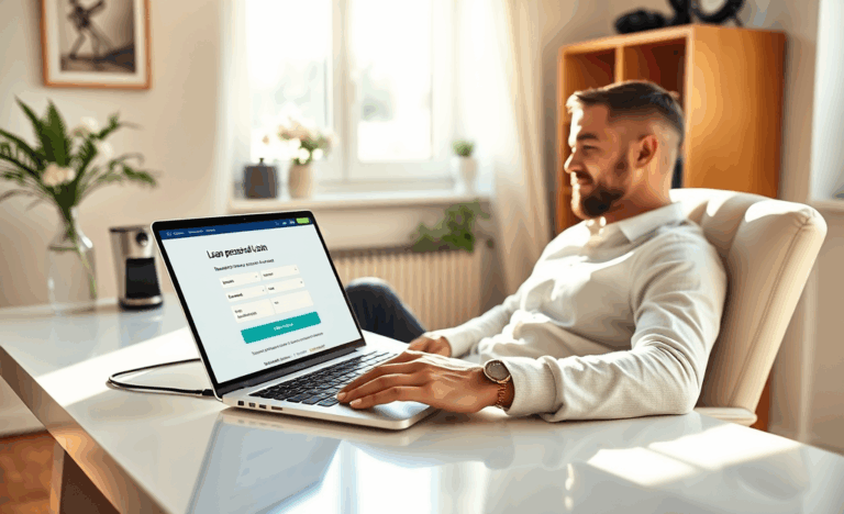 Uomo sorridente usa il laptop per richiedere un prestito personale online senza uscire di casa.