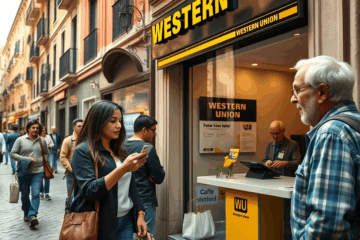 Immagine di una mano che tiene una carta di credito vicino a uno smartphone con simboli di denaro.