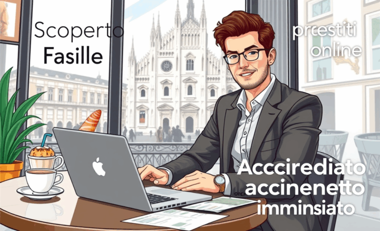 Una persona che accede facilmente a un prestito online attraverso un computer, con simboli di denaro e carte di credito sullo sfondo.